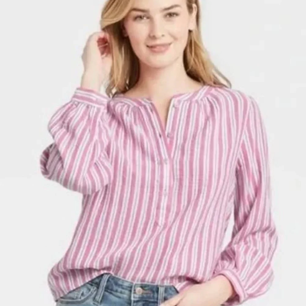 NEW Pink Striped Sz Small Casual Wear Oversized Roomy Cotton Shirt - Picture 2 of 3